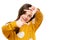 Adorable elementary age girl smiling while looking at camera and making photo frame hand gesture. Studio shot on white background.