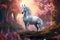 Adorable fantasy white horse standing gloriously in a fairytale nature forest wallpaper. Generative AI.