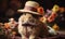 Adorable fluffy brown rabbit in a woven straw hat adorned with feathers and flowers, evoking whimsy, Easter celebrations, and