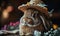 Adorable fluffy brown rabbit in a woven straw hat adorned with feathers and flowers, evoking whimsy, Easter celebrations, and