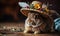 Adorable fluffy brown rabbit in a woven straw hat adorned with feathers and flowers, evoking whimsy, Easter celebrations, and