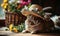 Adorable fluffy brown rabbit in a woven straw hat adorned with feathers and flowers, evoking whimsy, Easter celebrations, and