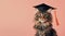 Adorable fluffy cat wearing graduation cap on pastel background