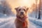 Adorable Fluffy Dog Pet Wearing Neck Scarf Walking in the Road Snowy