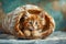 Adorable Fluffy Ginger Kitten Peeking Out of Rustic Bread Loaf on Textured Blue Background