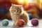 Adorable Fluffy Kitten Playing with Colorful Yarn Balls Indoors.