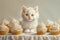 Adorable Fluffy White Kitten Sitting Next to Delicious Vanilla Cupcakes with Creamy Frosting on a Bright Background