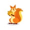 Adorable forest squirrel with big acorn. Wild rodent with red fur, bushy tail and tassels on ears. Flat vector design