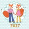 Adorable foxes couple hand drawn illustration