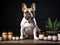 Adorable french bulldog sitting in front of pet supplement bottles with dog vitamins