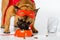 adorable french bulldog in superhero costume eating dog food