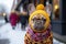 Adorable French Bulldog wearing a vibrant winter hat and sweater on a snowy street.