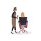 Adorable friendly lady hairdresser in protective mask does hair of her smiling female client sitting in chair isolated on white ba