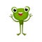 Adorable frog with cheerful face expression. Cartoon character of friendly green toad with paws up. Flat vector for