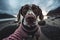 Adorable german shorthaired pointer in a dog sweater selfie, adorable dramatic GoPro selfie