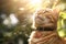 Adorable ginger cat sitting outdoors on sunny summer day. Pet wearing a collar