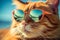 Adorable ginger cat wears sunglasses, stealing the spotlight in a closeup