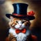 Adorable ginger kitten in black hat with red bow