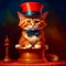 Adorable ginger kitten with red hat on red background