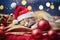 Adorable Ginger Kitten Sleeping in Santa Hat Among Christmas Decorations - Generative AI