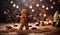 Adorable gingerbread man dancing in cocoa powder. Festive theme