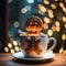 An adorable gingerbread man, in a hot cup of cocoa