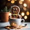An adorable gingerbread man, in a hot cup of cocoa