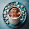 An adorable gingerbread man, in a hot cup of cocoa