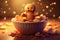 Adorable gingerbread man sitting in a bowl full of candy