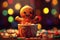 Adorable gingerbread man sitting in a bowl full of candy