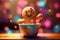 Adorable gingerbread man sitting in a bowl full of candy