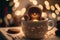 Adorable gingerbread man sitting in a cup of hot cocoa