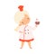 Adorable Girl Holding Cupcake Dessert, Cute Little Chef Character in Uniform Cooking in the Kitchen Cartoon Style Vector