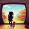adorable girl waiting with dog to go out, big window, ai generated image