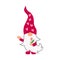 Adorable gnome with tulip flower on white background