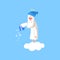 Adorable god cartoon character in action on white cloud. Happy Lord wearing winter hat and throwing snow on the ground