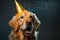Adorable gold retriever dog wearing birthday hat on festive background with confetti