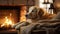 An adorable golden retriever dog lounges by the fireplace in a minimalist living room, basking in the warmth of the