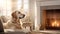 An adorable golden retriever dog lounges by the fireplace in a minimalist living room, basking in the warmth of the