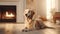 An adorable golden retriever dog lounges by the fireplace in a minimalist living room, basking in the warmth of the