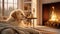 An adorable golden retriever dog lounges by the fireplace in a minimalist living room, basking in the warmth of the