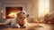An adorable golden retriever dog lounges by the fireplace in a minimalist living room, basking in the warmth of the
