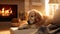 An adorable golden retriever dog lounges by the fireplace in a minimalist living room, basking in the warmth of the