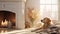 An adorable golden retriever dog lounges by the fireplace in a minimalist living room, basking in the warmth of the