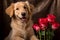 Adorable Golden Retriever Dog Surrounded by Beautiful Red Roses