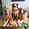 Adorable golden retriever dogs with mexican food. Happy Cinco De Mayo fashion