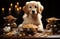 Adorable golden retriever eagerly a meal positioned in front of a bowl filled with tasty food in a home environment, pet photo