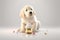 Adorable golden retriever puppy with cake and balls on a white background. Generative AI