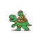 An adorable green dinosaur stands in the foreground, with a turtle perched atop its back