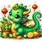 An adorable green dragon in a cute pose, with fruits, chinese lampions, digital vector pro art, mythical animal, cartoon